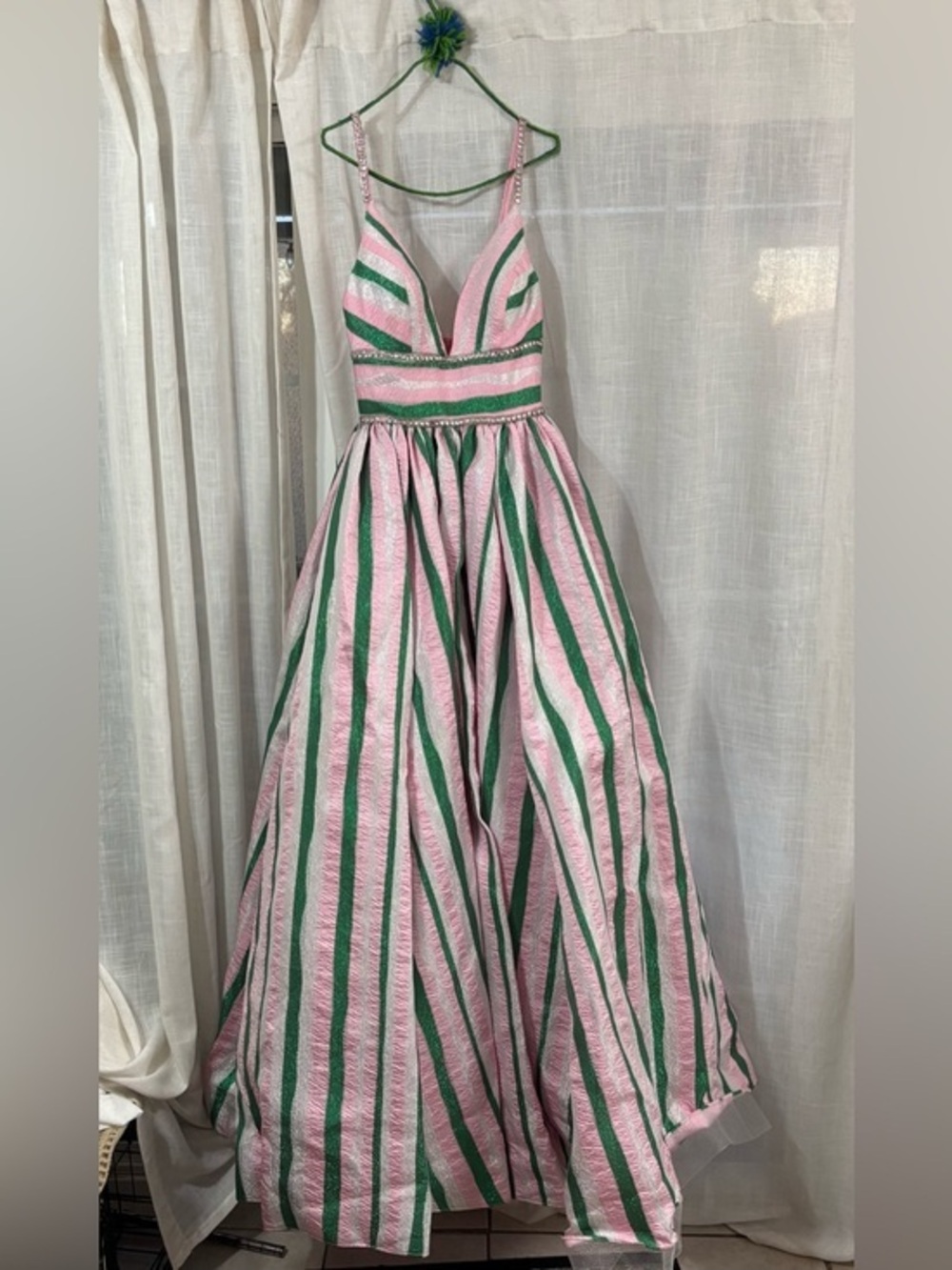 Mac Duggal 40899H striped ballgown dress glittery pink and green